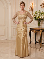 Satin Mother of the Bride/Groom Dresses Column V Neck 3/4 Sleeves Floor Length Ruched