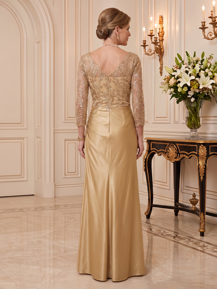 Satin Mother of the Bride/Groom Dresses Column V Neck 3/4 Sleeves Floor Length Ruched