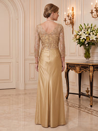 Satin Mother of the Bride/Groom Dresses Column V Neck 3/4 Sleeves Floor Length Ruched
