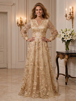 Tulle Mother of the Bride/Groom Dresses A Line V Neck Long Sleeves Floor Length 3D Flowers
