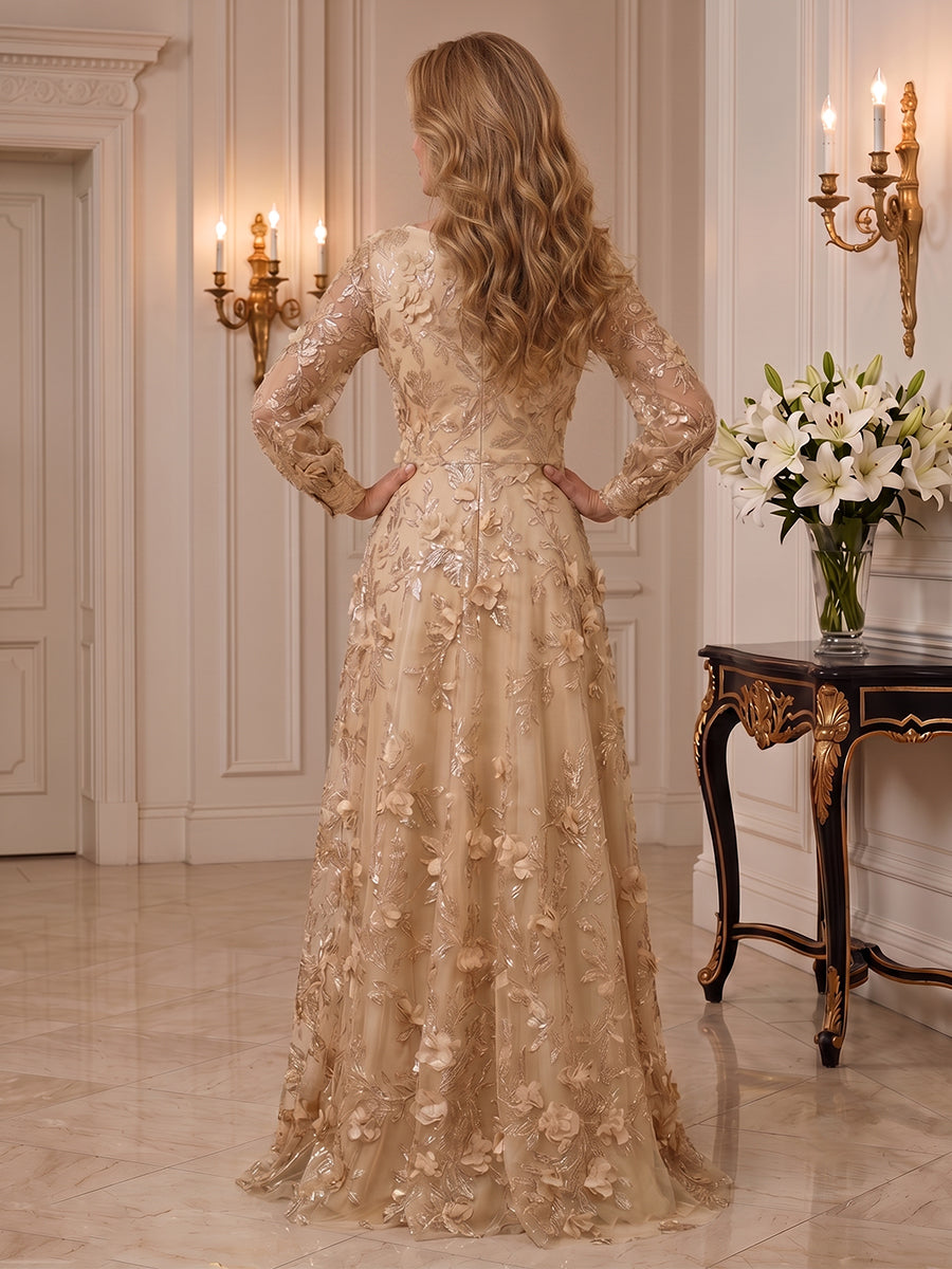 Tulle Mother of the Bride/Groom Dresses A Line V Neck Long Sleeves Floor Length 3D Flowers