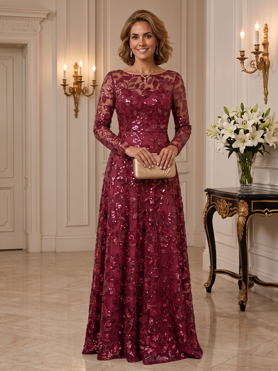 Sequin Mother of the Bride/Groom Dresses A Line Scoop Neck Long Sleeves Floor Length