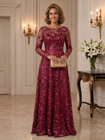 Sequin Mother of the Bride/Groom Dresses A Line Scoop Neck Long Sleeves Floor Length