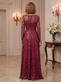 Sequin Mother of the Bride/Groom Dresses A Line Scoop Neck Long Sleeves Floor Length