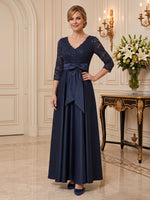 Satin Mother of the Bride/Groom Dresses A Line V Neck 3/4 Sleeves Floor Length with Bow