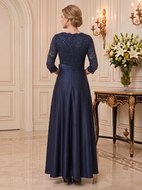 Satin Mother of the Bride/Groom Dresses A Line V Neck 3/4 Sleeves Floor Length with Bow