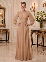 Chiffon Mother of the Bride/Groom Dresses A Line V Neck Long Sleeves Floor Length Lace Appliques