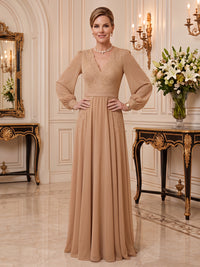 Chiffon Mother of the Bride/Groom Dresses A Line V Neck Long Sleeves Floor Length Lace Appliques