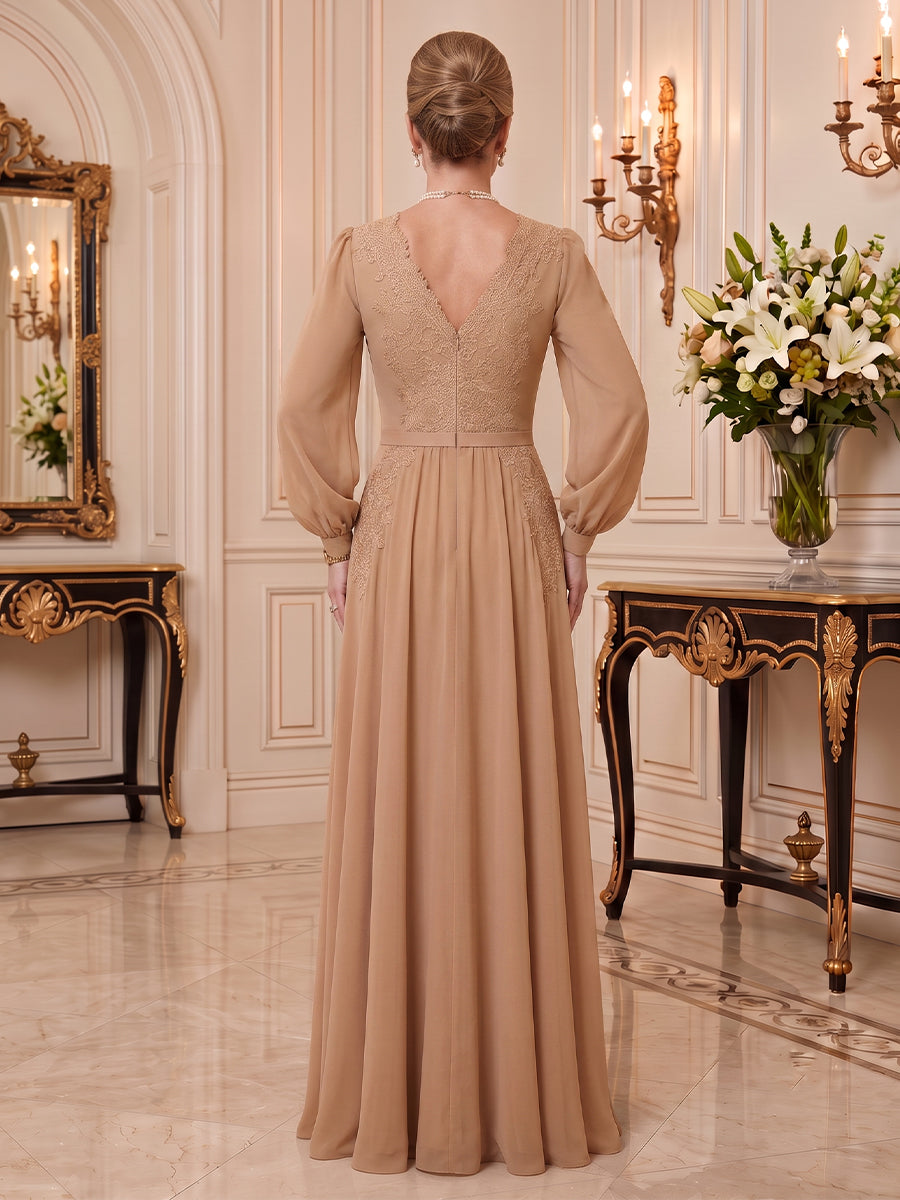 Chiffon Mother of the Bride/Groom Dresses A Line V Neck Long Sleeves Floor Length Lace Appliques
