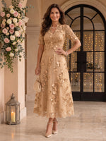 Lace Mother of the Bride/Groom Dresses A Line V Neck Short Sleeves Ankle Length 3D Flowers