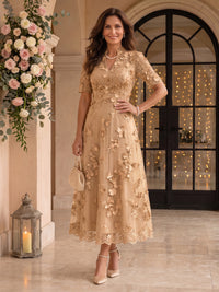 Lace Mother of the Bride/Groom Dresses A Line V Neck Short Sleeves Ankle Length 3D Flowers