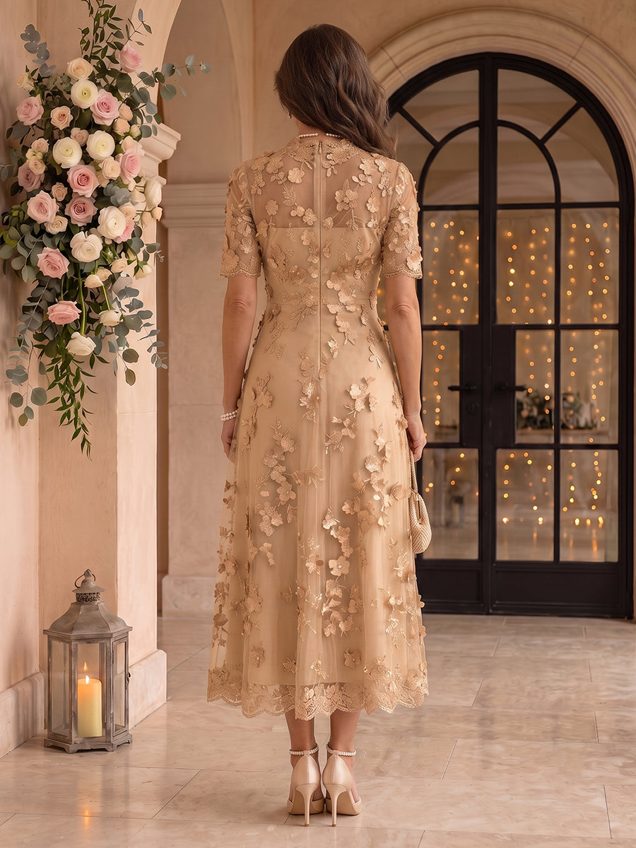 Lace Mother of the Bride/Groom Dresses A Line V Neck Short Sleeves Ankle Length 3D Flowers