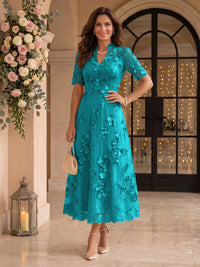 Lace Mother of the Bride/Groom Dresses A Line V Neck Short Sleeves Ankle Length 3D Flowers