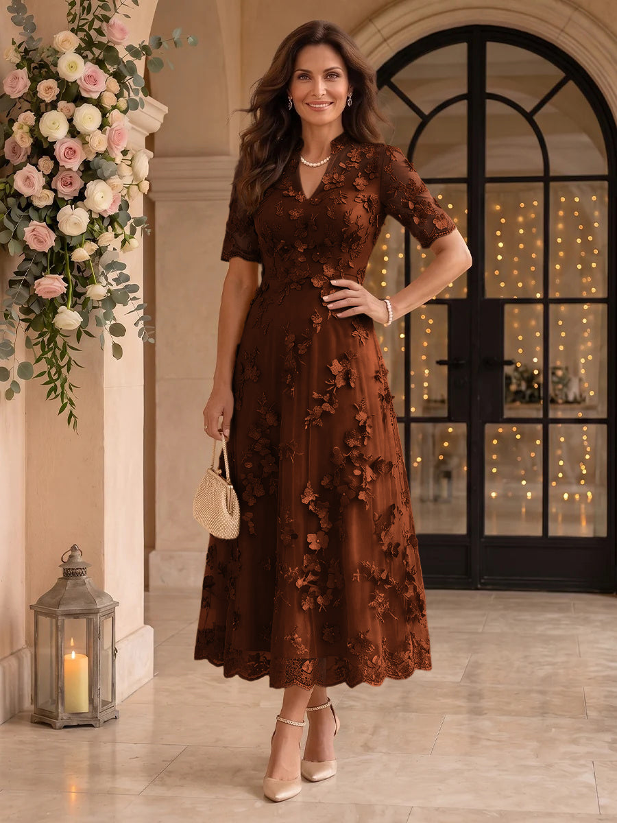 Lace Mother of the Bride/Groom Dresses A Line V Neck Short Sleeves Ankle Length 3D Flowers