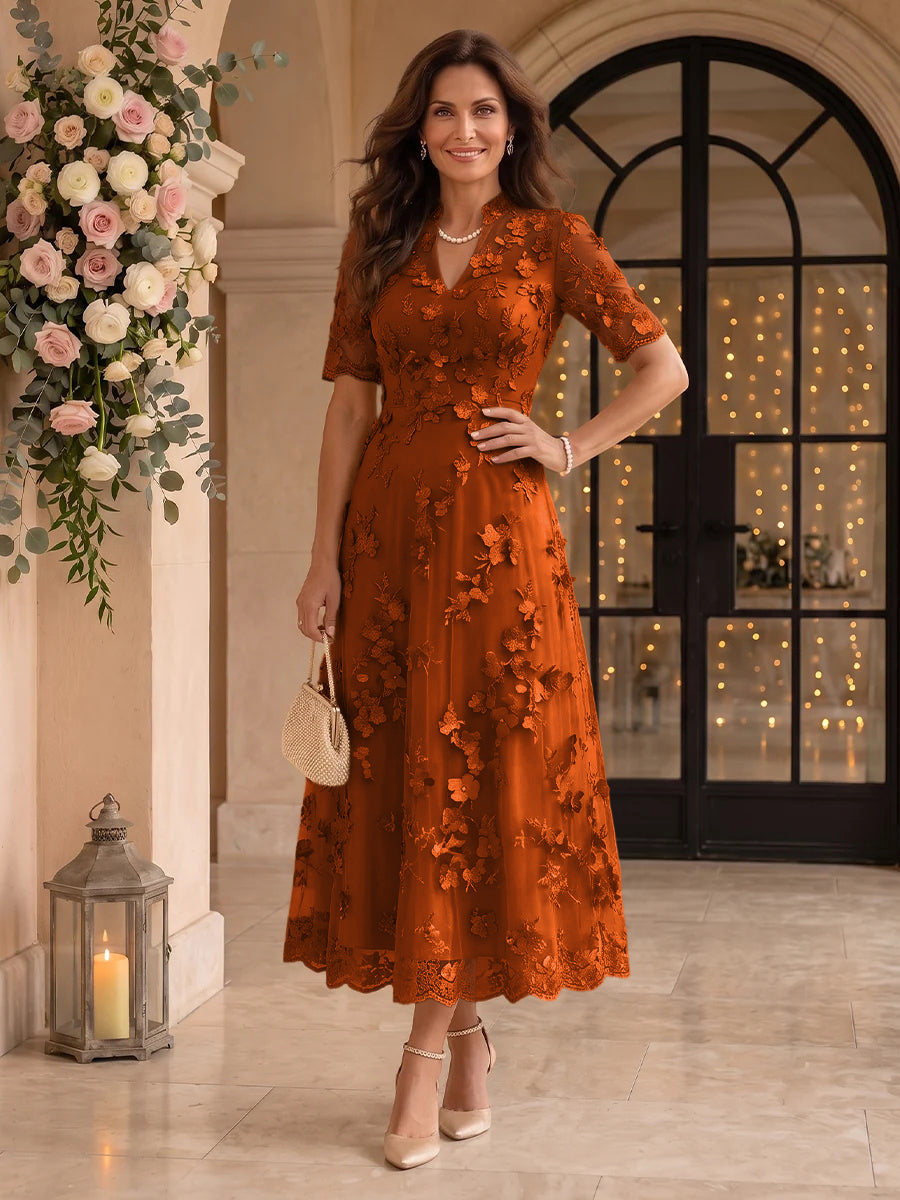 Lace Mother of the Bride/Groom Dresses A Line V Neck Short Sleeves Ankle Length 3D Flowers