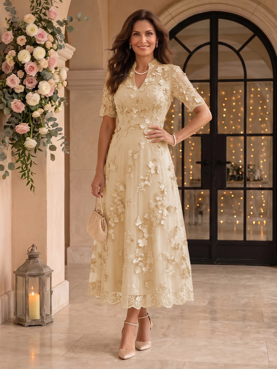 Lace Mother of the Bride/Groom Dresses A Line V Neck Short Sleeves Ankle Length 3D Flowers