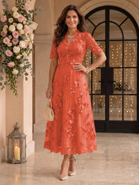 Lace Mother of the Bride/Groom Dresses A Line V Neck Short Sleeves Ankle Length 3D Flowers
