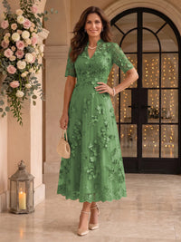 Lace Mother of the Bride/Groom Dresses A Line V Neck Short Sleeves Ankle Length 3D Flowers