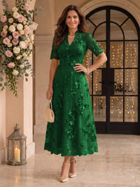 Lace Mother of the Bride/Groom Dresses A Line V Neck Short Sleeves Ankle Length 3D Flowers