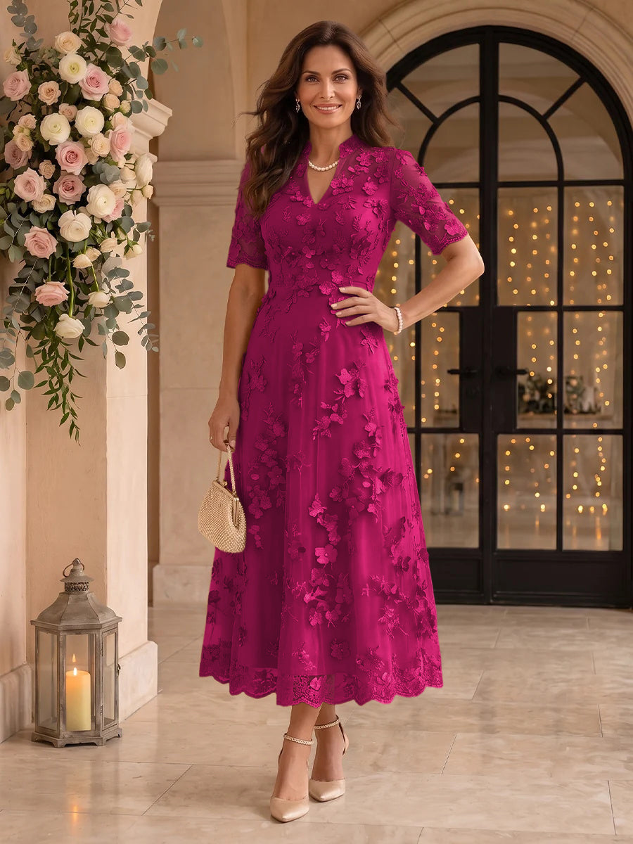 Lace Mother of the Bride/Groom Dresses A Line V Neck Short Sleeves Ankle Length 3D Flowers