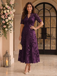 Lace Mother of the Bride/Groom Dresses A Line V Neck Short Sleeves Ankle Length 3D Flowers