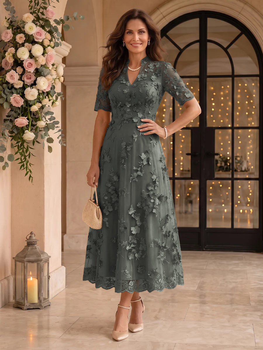 Lace Mother of the Bride/Groom Dresses A Line V Neck Short Sleeves Ankle Length 3D Flowers