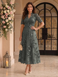Lace Mother of the Bride/Groom Dresses A Line V Neck Short Sleeves Ankle Length 3D Flowers