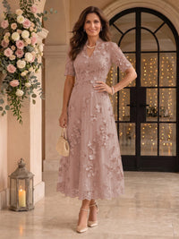 Lace Mother of the Bride/Groom Dresses A Line V Neck Short Sleeves Ankle Length 3D Flowers