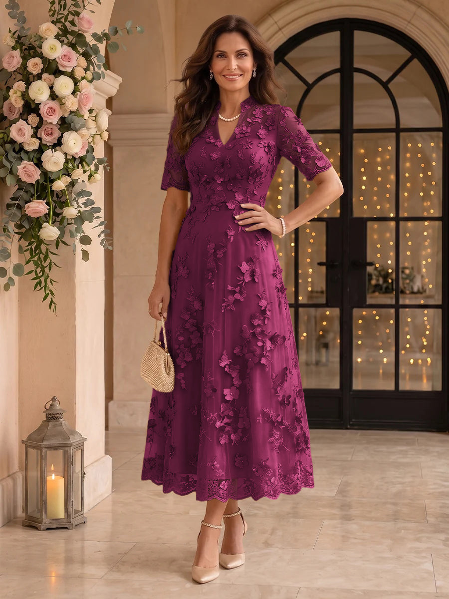 Lace Mother of the Bride/Groom Dresses A Line V Neck Short Sleeves Ankle Length 3D Flowers