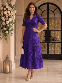 Lace Mother of the Bride/Groom Dresses A Line V Neck Short Sleeves Ankle Length 3D Flowers