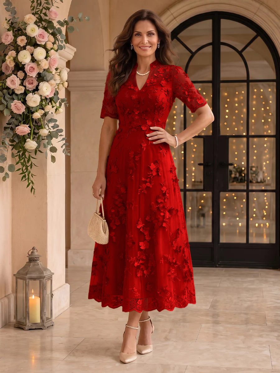 Lace Mother of the Bride/Groom Dresses A Line V Neck Short Sleeves Ankle Length 3D Flowers