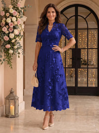 Lace Mother of the Bride/Groom Dresses A Line V Neck Short Sleeves Ankle Length 3D Flowers