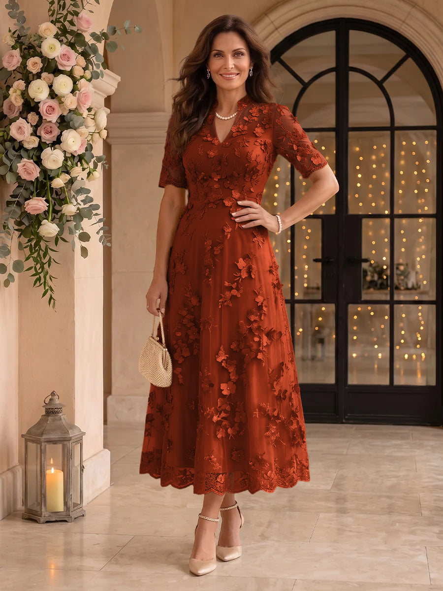 Lace Mother of the Bride/Groom Dresses A Line V Neck Short Sleeves Ankle Length 3D Flowers