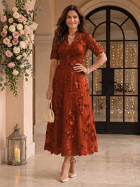 Lace Mother of the Bride/Groom Dresses A Line V Neck Short Sleeves Ankle Length 3D Flowers