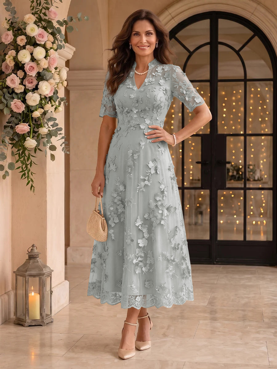 Lace Mother of the Bride/Groom Dresses A Line V Neck Short Sleeves Ankle Length 3D Flowers