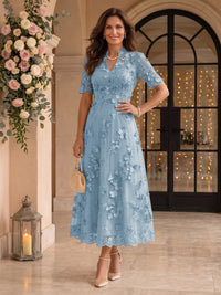Lace Mother of the Bride/Groom Dresses A Line V Neck Short Sleeves Ankle Length 3D Flowers