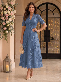 Lace Mother of the Bride/Groom Dresses A Line V Neck Short Sleeves Ankle Length 3D Flowers