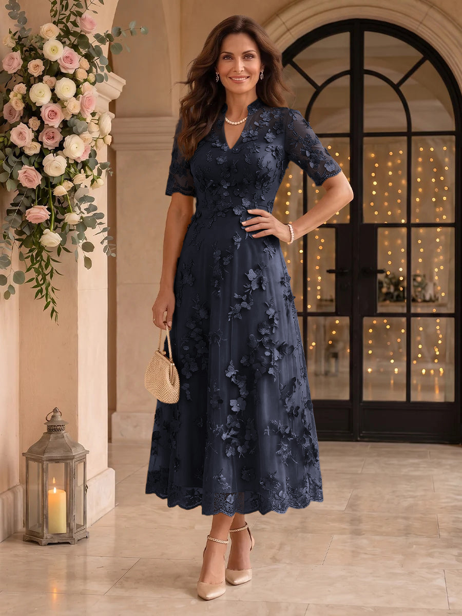 Lace Mother of the Bride/Groom Dresses A Line V Neck Short Sleeves Ankle Length 3D Flowers
