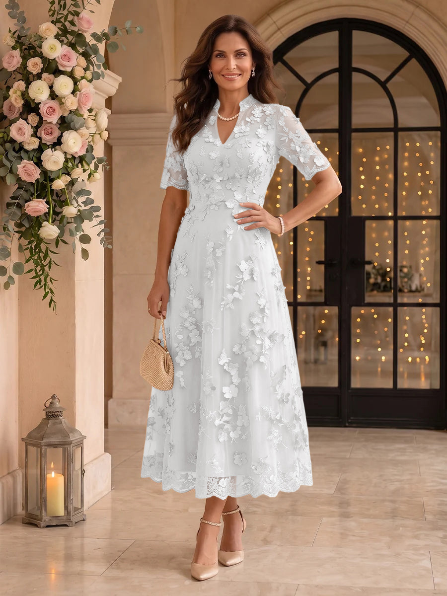 Lace Mother of the Bride/Groom Dresses A Line V Neck Short Sleeves Ankle Length 3D Flowers