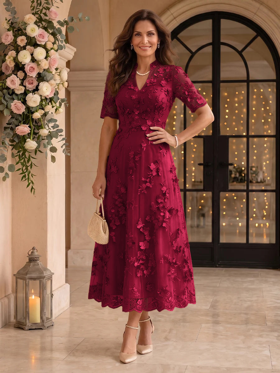 Lace Mother of the Bride/Groom Dresses A Line V Neck Short Sleeves Ankle Length 3D Flowers