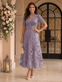 Lace Mother of the Bride/Groom Dresses A Line V Neck Short Sleeves Ankle Length 3D Flowers