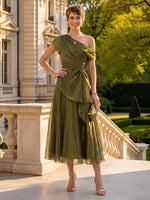 Organza Off the Shoulder Tea Length A Line Mother of the Bride/Groom Dresses