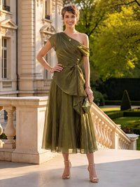 Organza Off the Shoulder Tea Length A Line Mother of the Bride/Groom Dresses