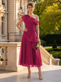 Organza Off the Shoulder Tea Length A Line Mother of the Bride/Groom Dresses