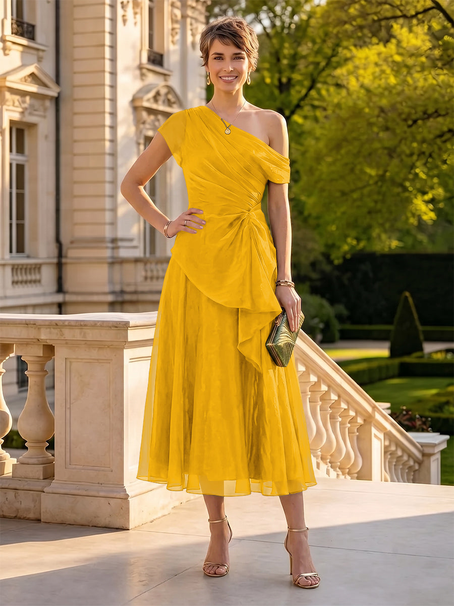 Organza Off the Shoulder Tea Length A Line Mother of the Bride/Groom Dresses