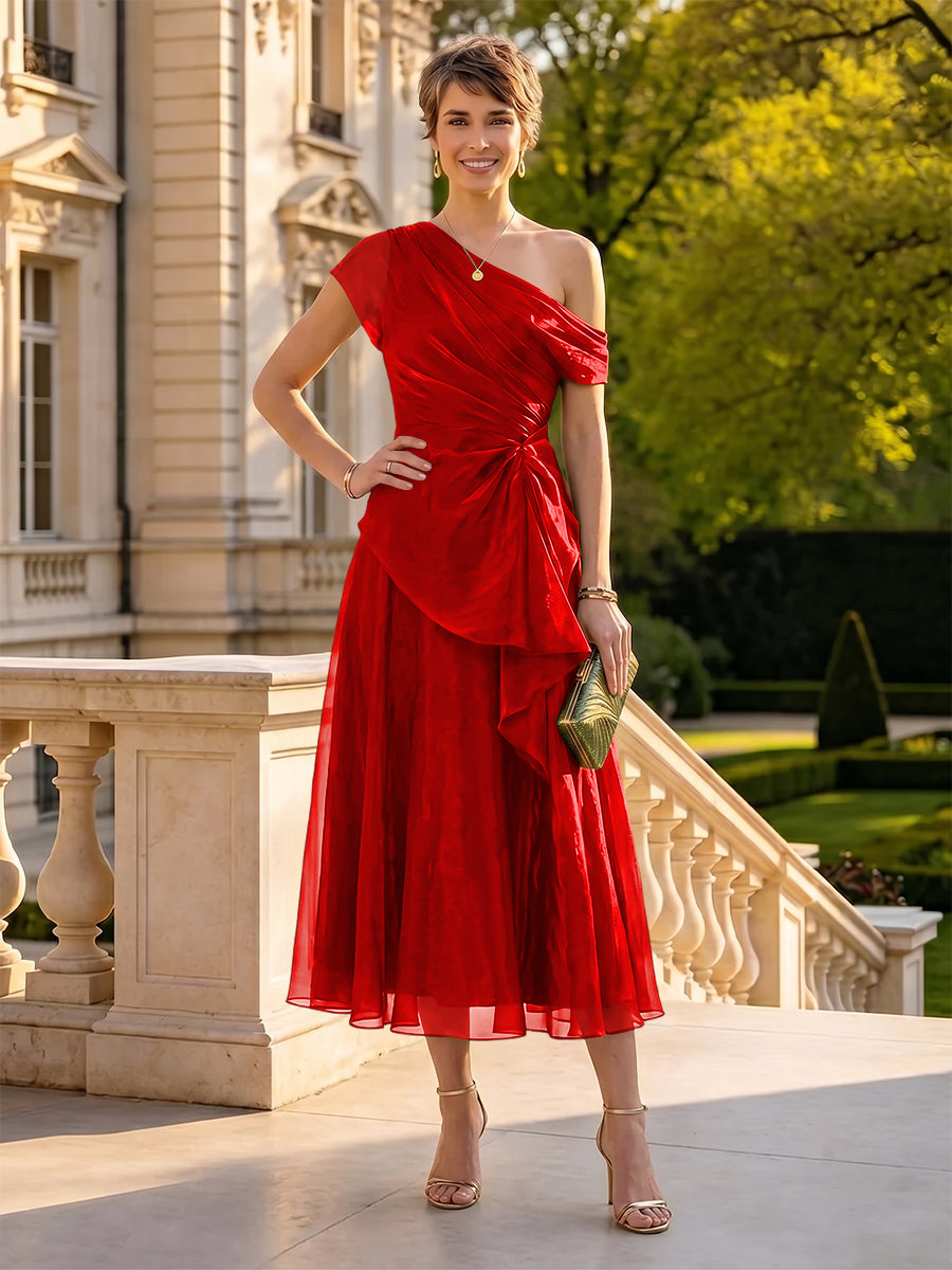 Organza Off the Shoulder Tea Length A Line Mother of the Bride/Groom Dresses