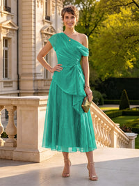 Organza Off the Shoulder Tea Length A Line Mother of the Bride/Groom Dresses