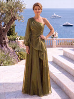 Organza One Shoulder Floor Length A Line Mother of the Bride/Groom Dresses with Sleeves