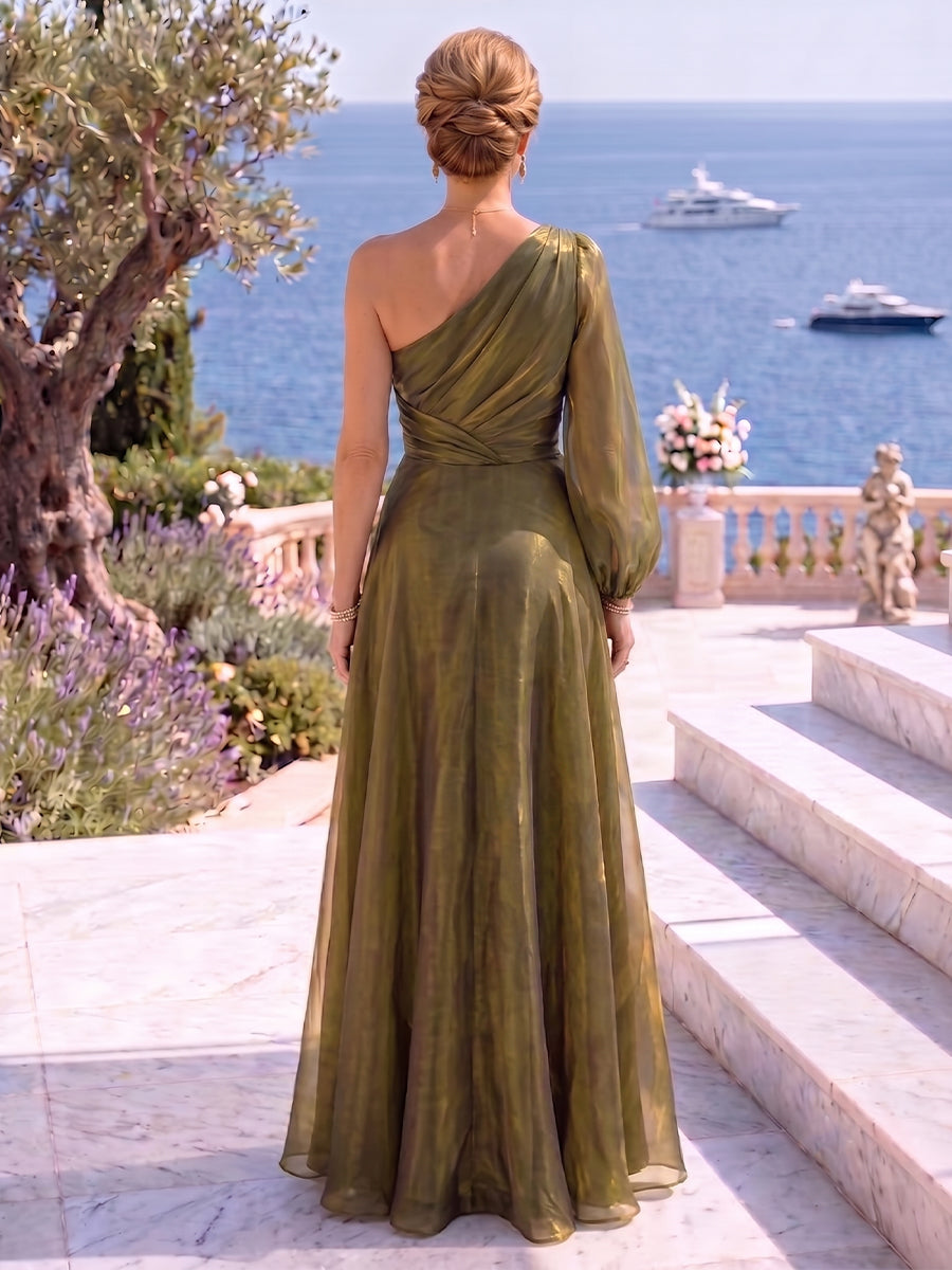 Organza One Shoulder Floor Length A Line Mother of the Bride/Groom Dresses with Sleeves
