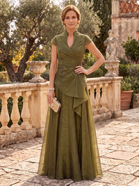 Organza Stand Collar Cap Sleeves Floor Length A Line Mother of the Bride/Groom Dresses